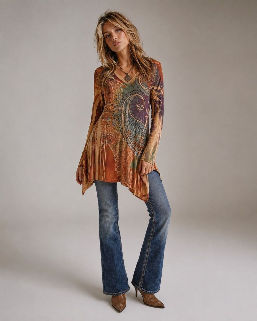 Cover Charge Y2K Paisley Rhinestone Tunic Top Small Long Sleeve Asymmetrical Hem
